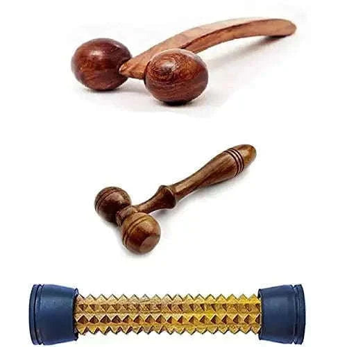 Acupressure rod with wooden back and rubber ends for massage therapy