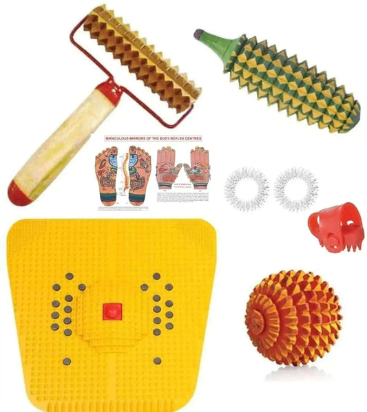 Acupressure tool kit with power mat, wooden roller, spiky ball, and attachments.
