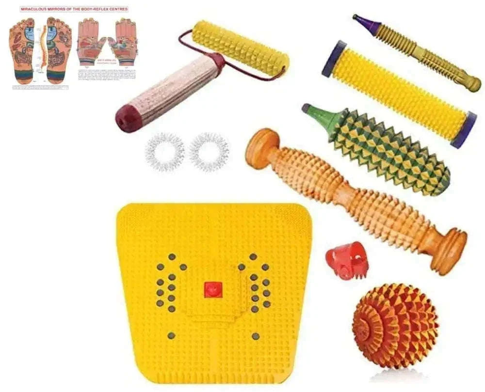 Acupressure Wooden Foot Roller and Magnetic Stress Mat Combo Kit