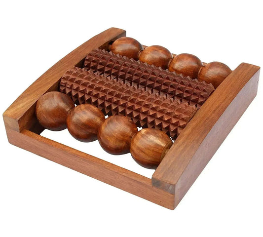 Acupressure wooden foot roller massager with four rounded rollers
