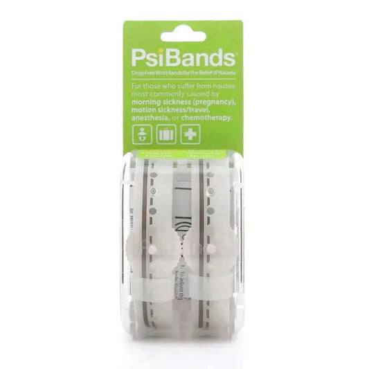 Acupressure wrist bands for motion sickness relief, crystal clear design.