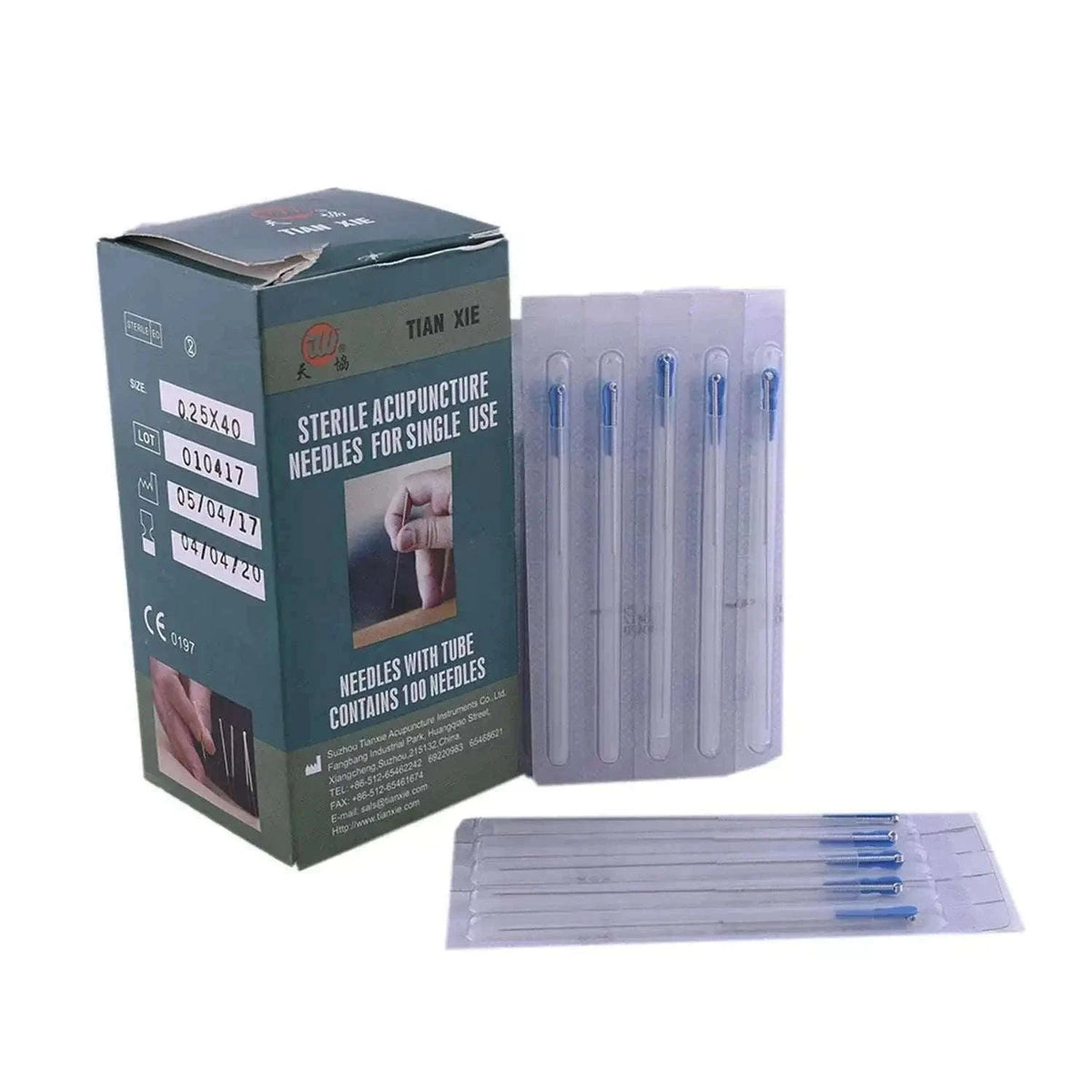Acupuncture needle box featuring 100 sterile needles with blue tips.