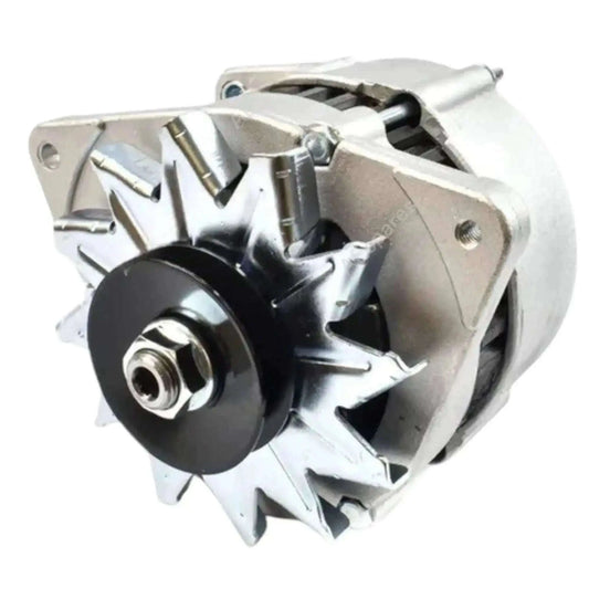 JCB 3CX alternator assembly with black pulley and silver housing