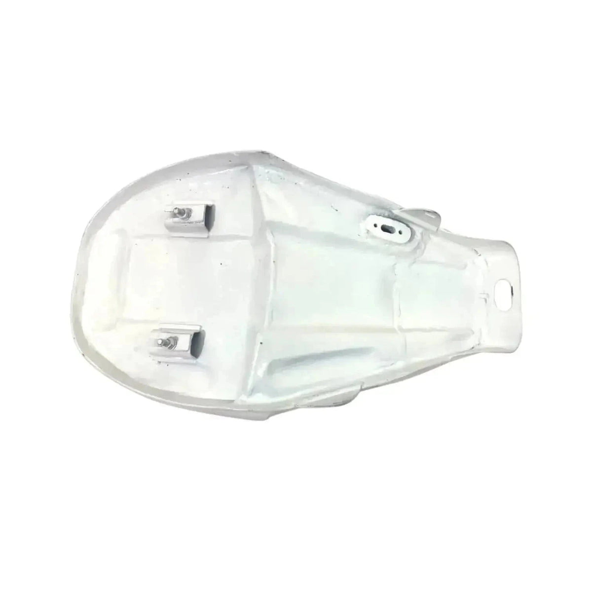 Unpainted white motorcycle fuel tank shell with mounting holes and brackets