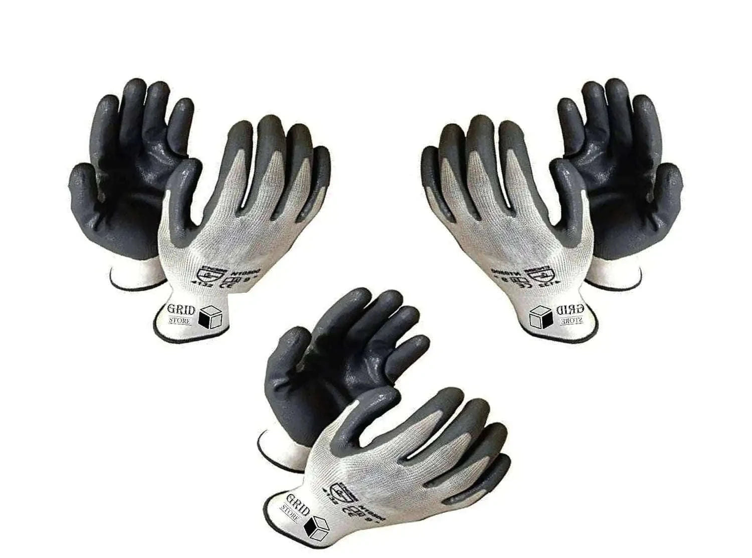 Anti cut work gloves, grey and black, knit palms and nitrile grip, pack of 3