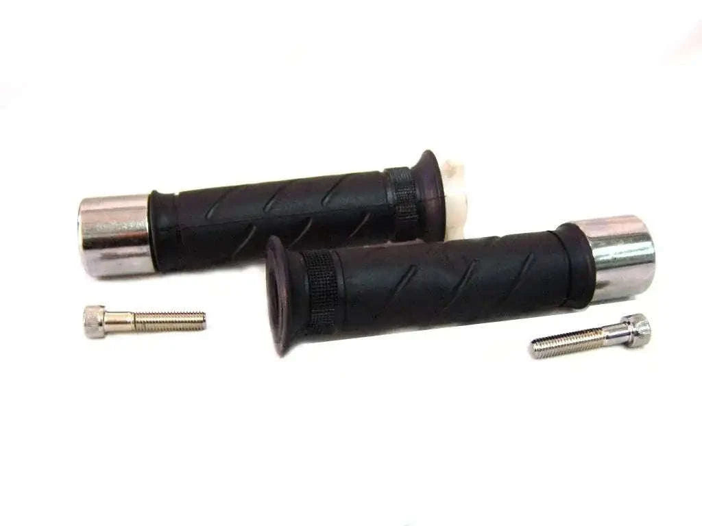 Anti-vibration handlebar bar ends kit with black rubber grips and chrome ends, bolts