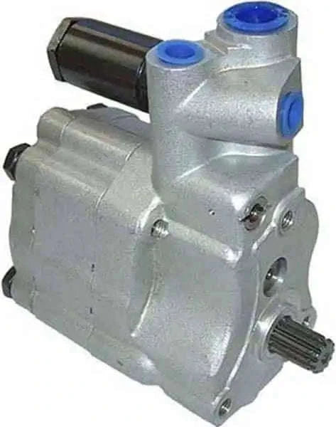 Auxiliary hydraulic pump for Massey Ferguson 135-275 models, sturdy silver body with blue fittings.