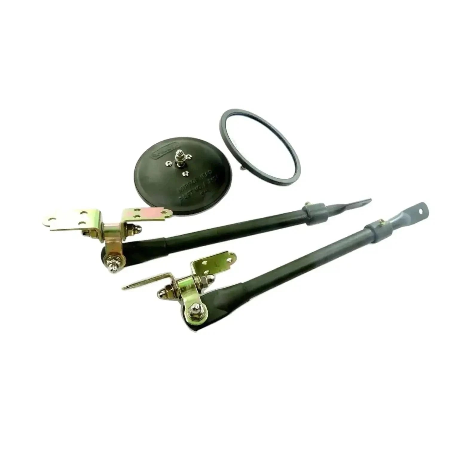 Adjustable arm mirror bracket set with two green mirrors, gaskets, and mounts