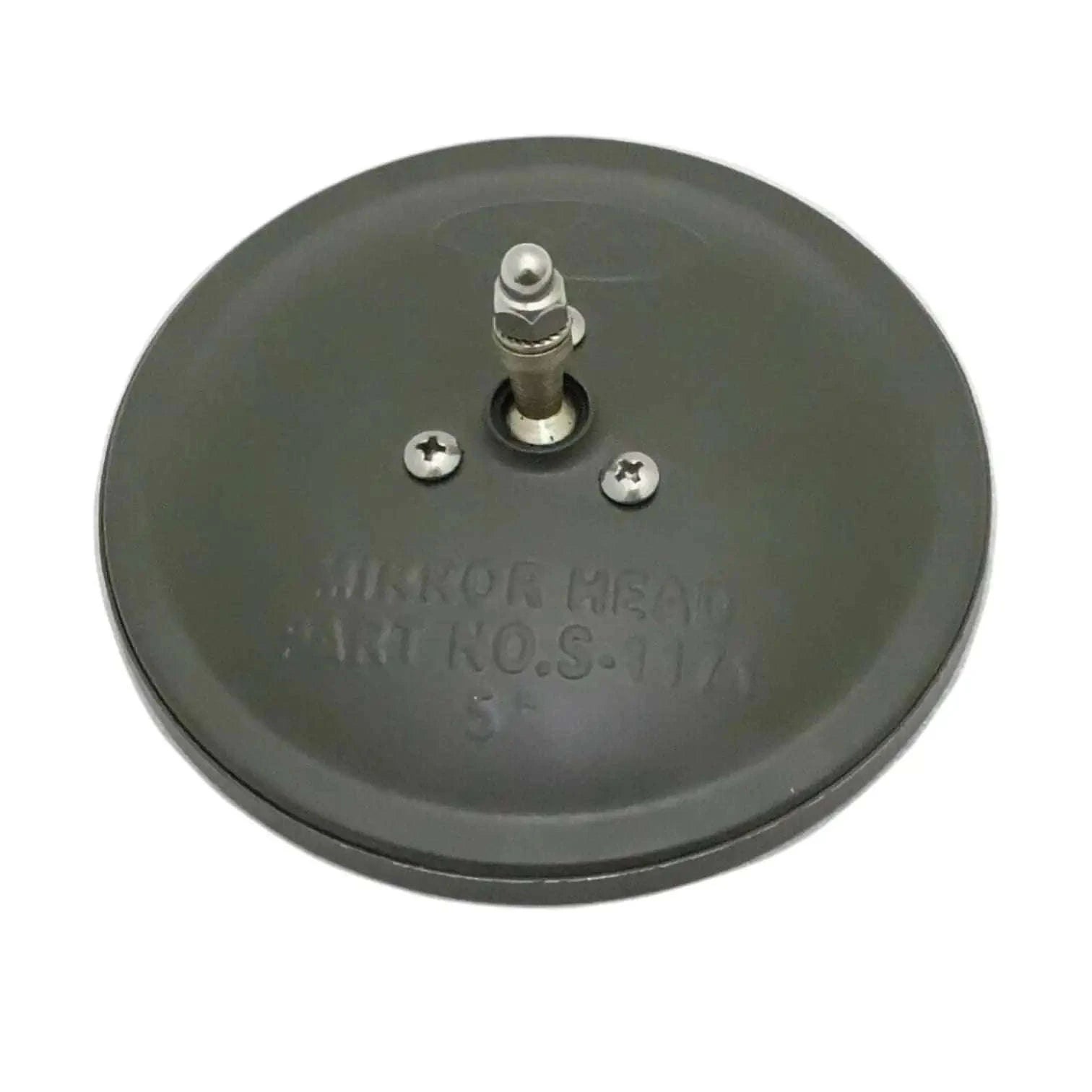 Round dark green mirror head with central threaded stud and mounting screws
