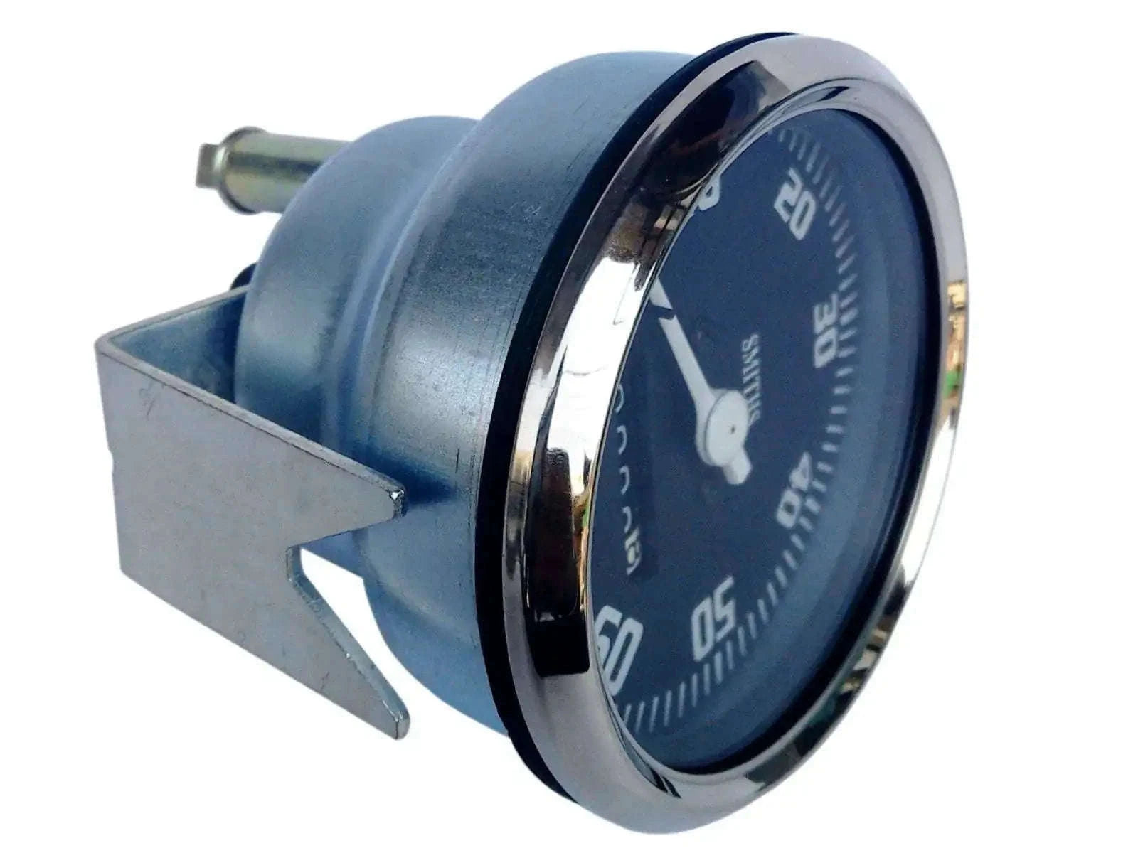Chrome bezel speedometer with blue dial 0–60 MPH and mounting bracket