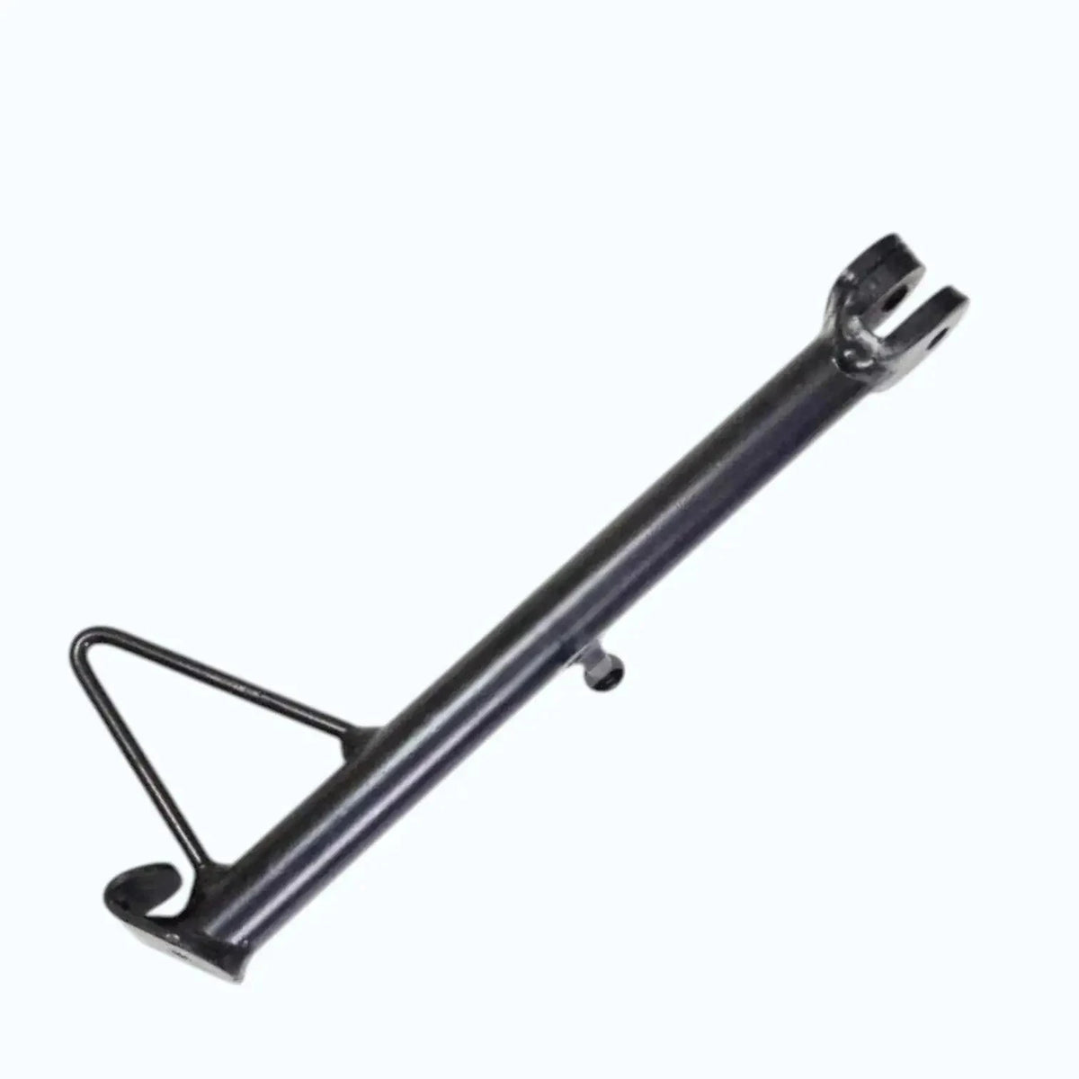 Black motorcycle side stand with curved lower brace and top mounting fork