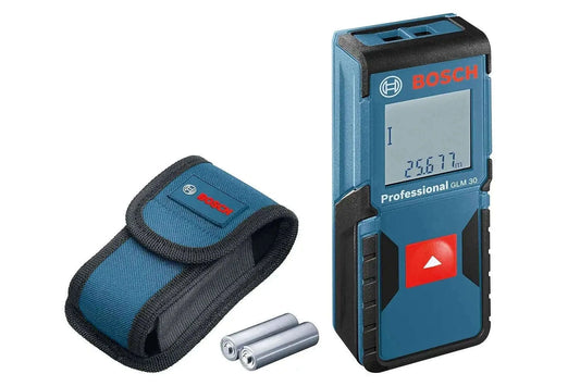 Bosch Professional Laser Measure GLM 30 with blue casing, carrying case, and batteries included