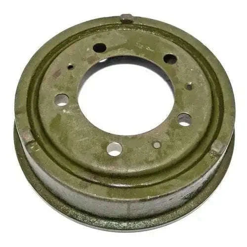 Brake drum, olive-green steel with bolt holes and center opening