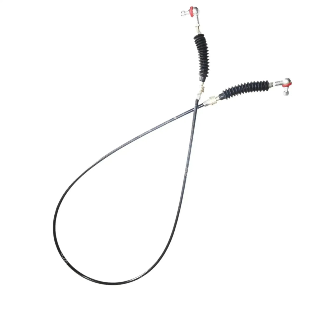 Cable lock assembly with long black cable, metal rods, and red-capped terminals