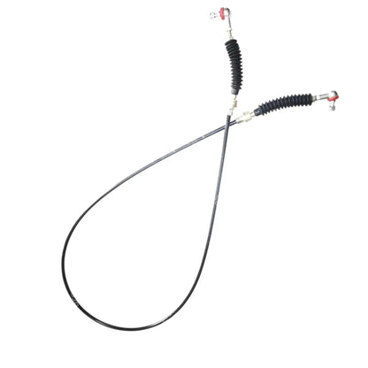 Cable lock assembly with long black cable, metal rods, and red-capped terminals