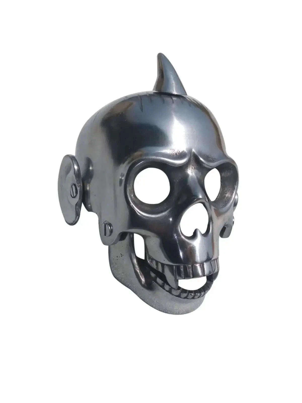 Metal skull headlight case with horn-like ears and round light cutouts, gunmetal