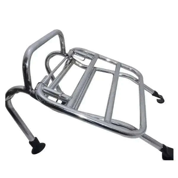 Chrome front scooter rack carrier with curved side rails and black rubber feet