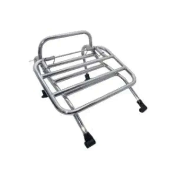 Chrome front scooter rack carrier with side rails and black mounting feet