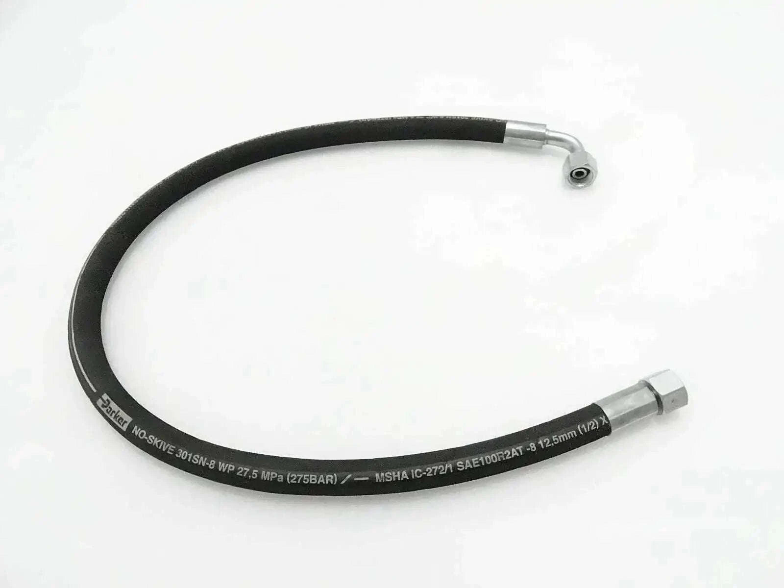 Black hydraulic hose with metal swivel fitting and short end connector