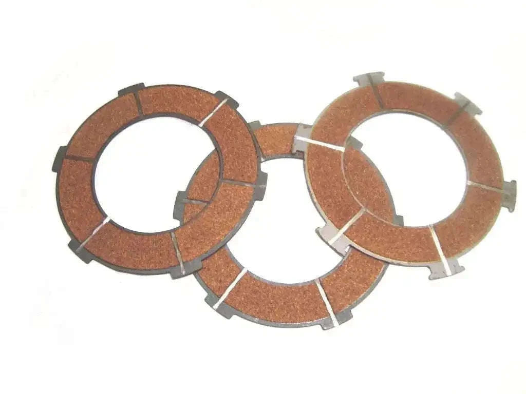 3-piece clutch plate set with brown friction rings and metal segment tabs