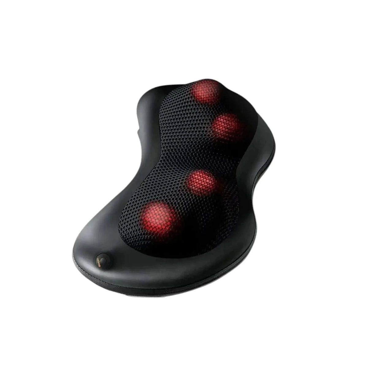 Curved black shiatsu massage cushion with mesh front and red glowing node circles