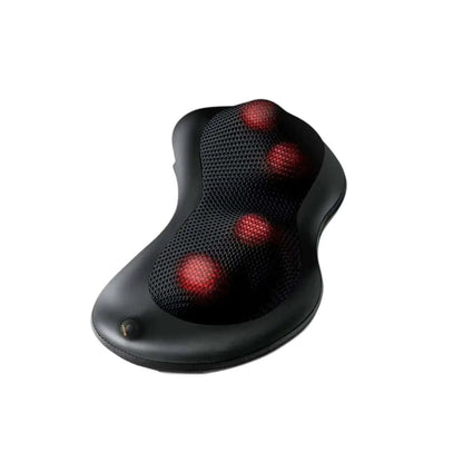 Curved black shiatsu massage cushion with mesh front and red glowing node circles