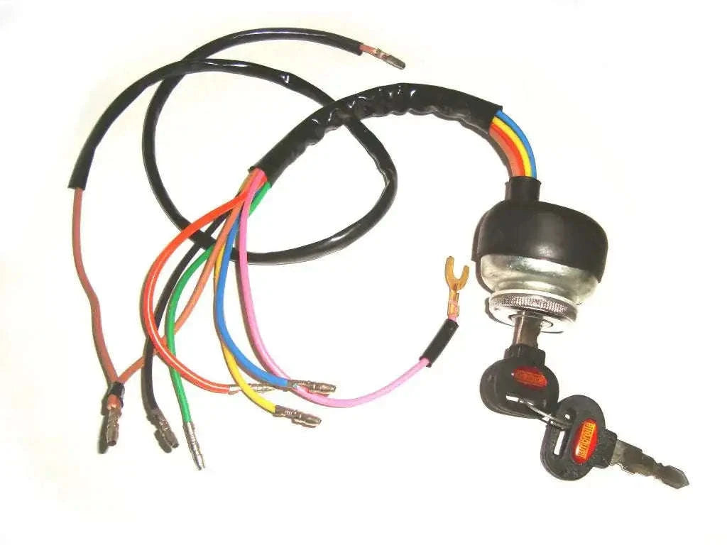 Ignition switch with stamped key and attached wire leads