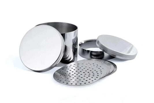 Stainless steel jewelry-making tools set including measuring cups and perforated discs for accurate bead sizing