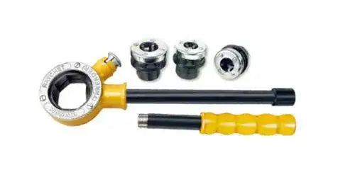 Ratchet pipe die handle set with yellow grip and black handle, plus die holders