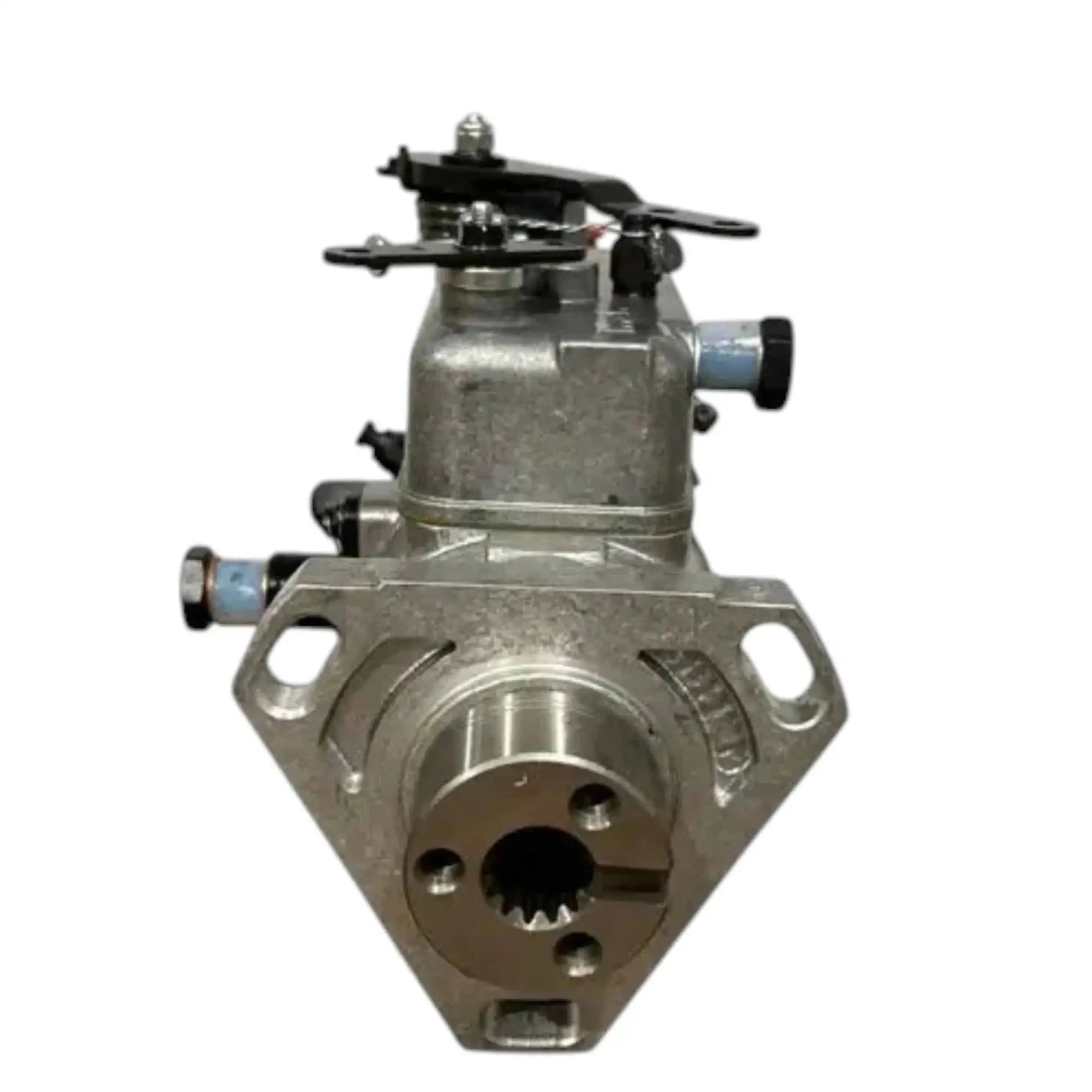 Diesel injection pump with silver housing, mounting flange and side fittings