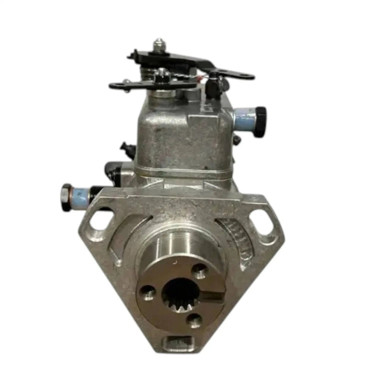 Diesel injection pump with silver housing, mounting flange and side fittings