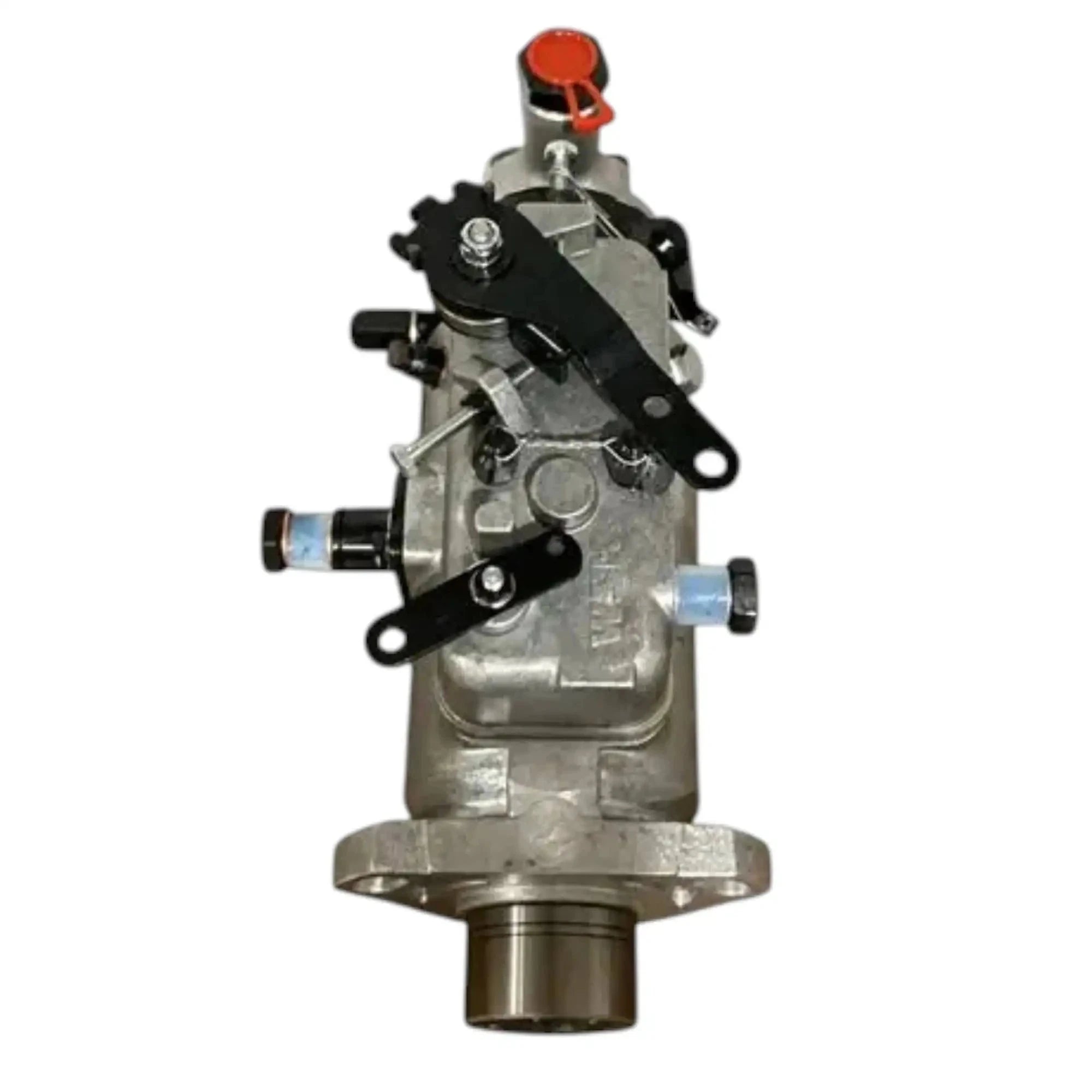 Diesel injection pump with silver body, black linkage, and red top cap
