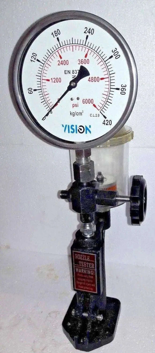 Diesel injector nozzle pop tester with pressure gauge and nozzle fitting