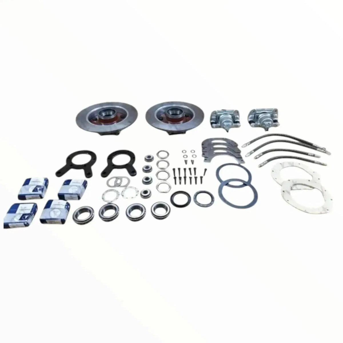 Disc brake conversion kit for Willys Jeep with rotors, calipers, and hardware