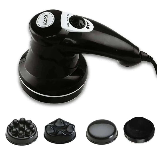 Electric handheld full body massager with three interchangeable massage heads for pain relief.