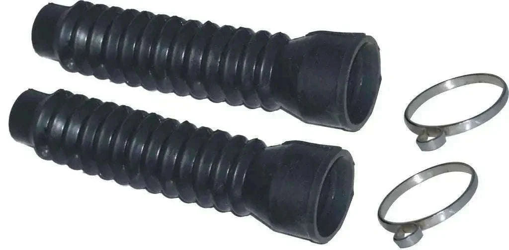 Black rubber motorcycle fork gaiter dust covers with metal fixing clamps, pair