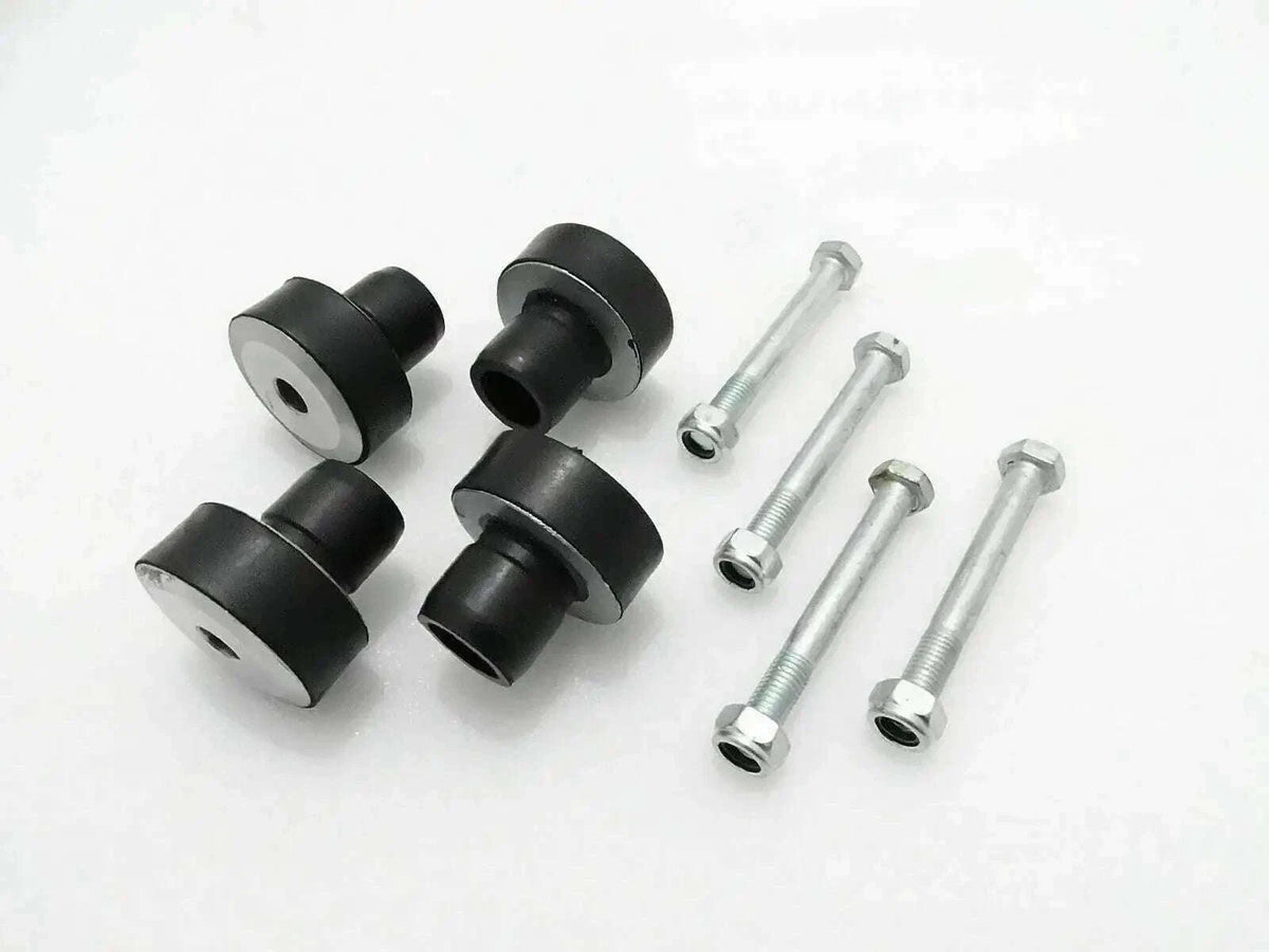 Engine mount bushing set with black rubber mounts and silver bolts, 4 pieces