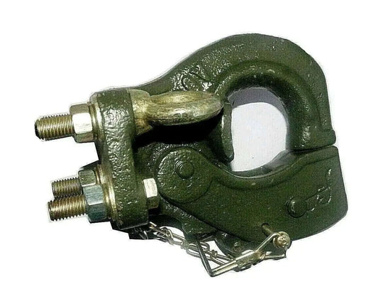 Military green pintle hitch towing hook with mounting bolts and safety chain
