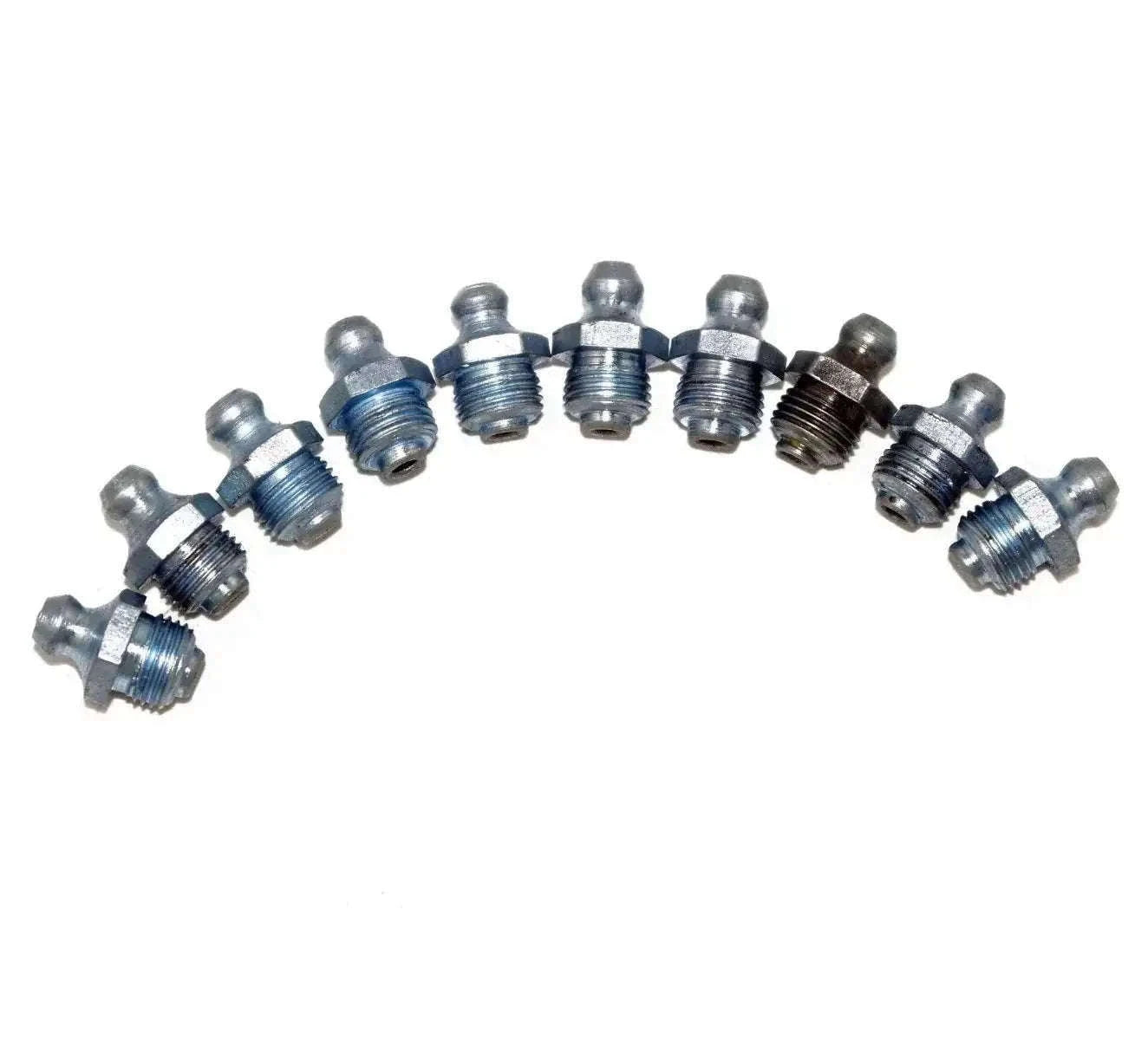 Straight BSP grease nipples, set of 10, silver metal fittings