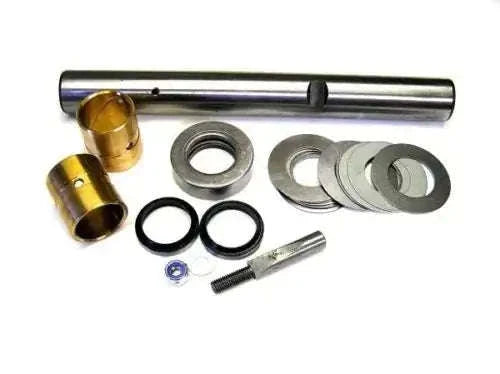 King pin set components: steel pin, brass bushes, washers, seals, pin bolt