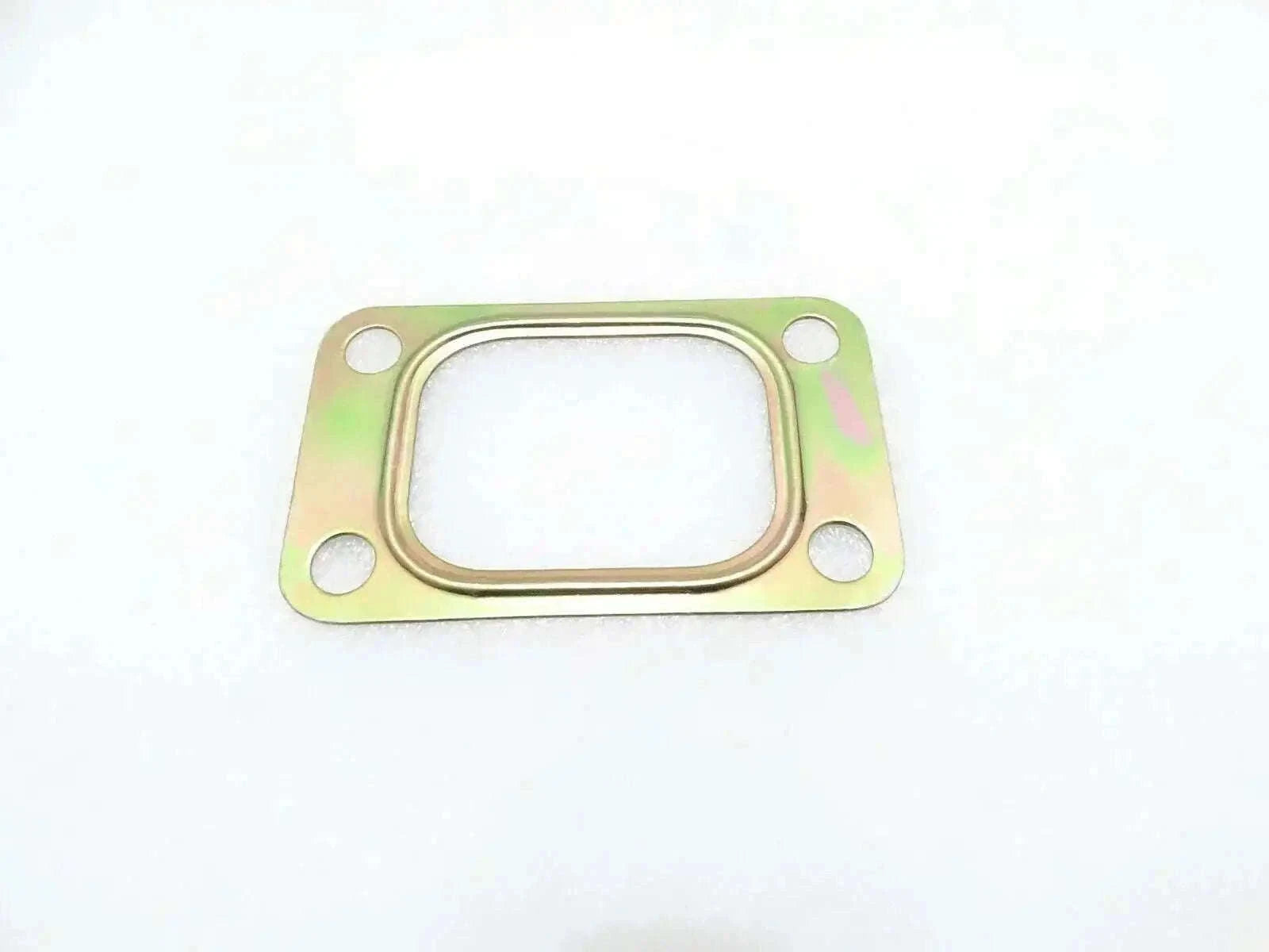 Metal gasket with rectangular center opening and four mounting holes, yellow-green.