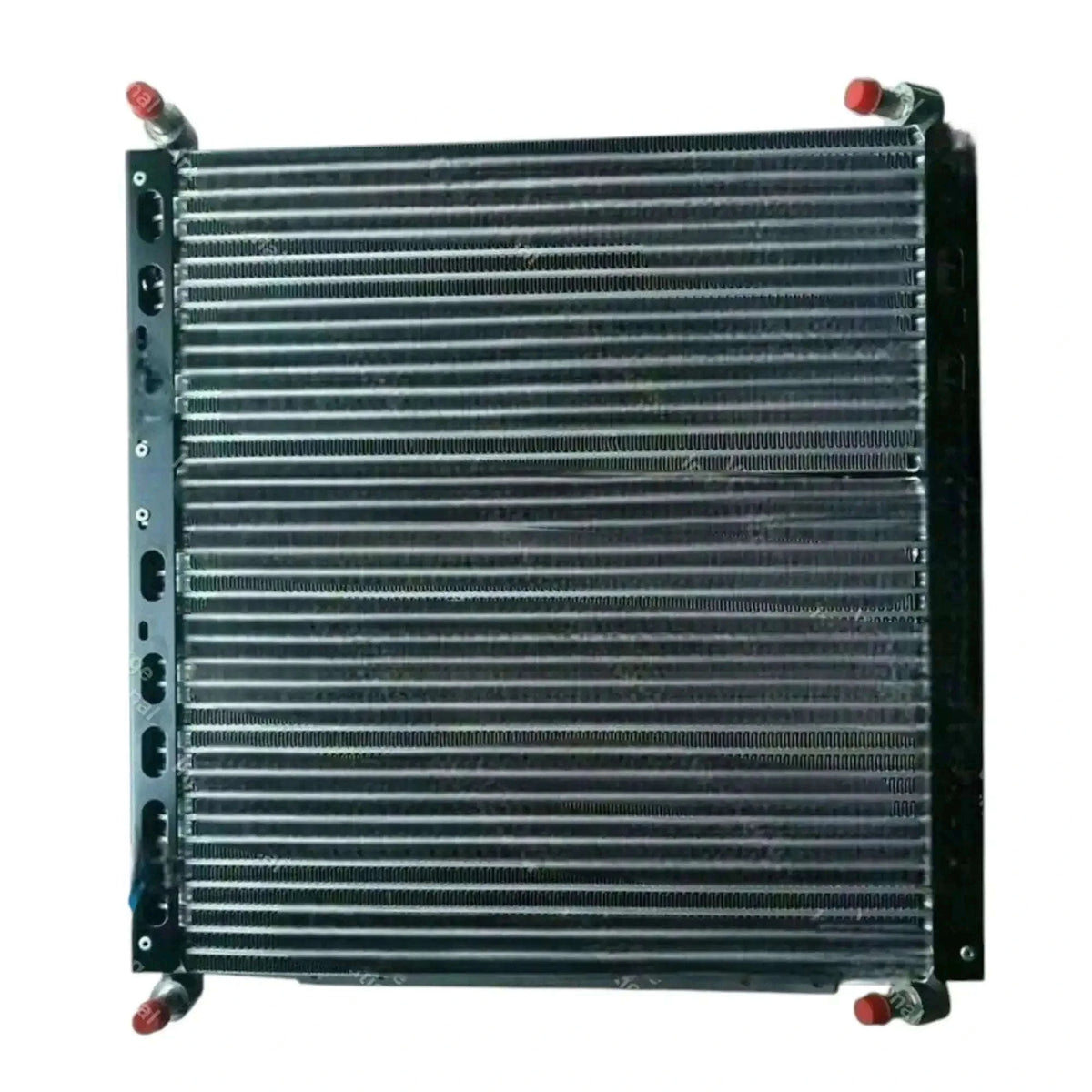 Radiator oil cooler grille with horizontal fins and corner mounting hardware with red caps