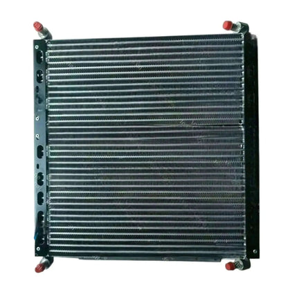 Radiator oil cooler grille with horizontal fins and corner mounting hardware with red caps