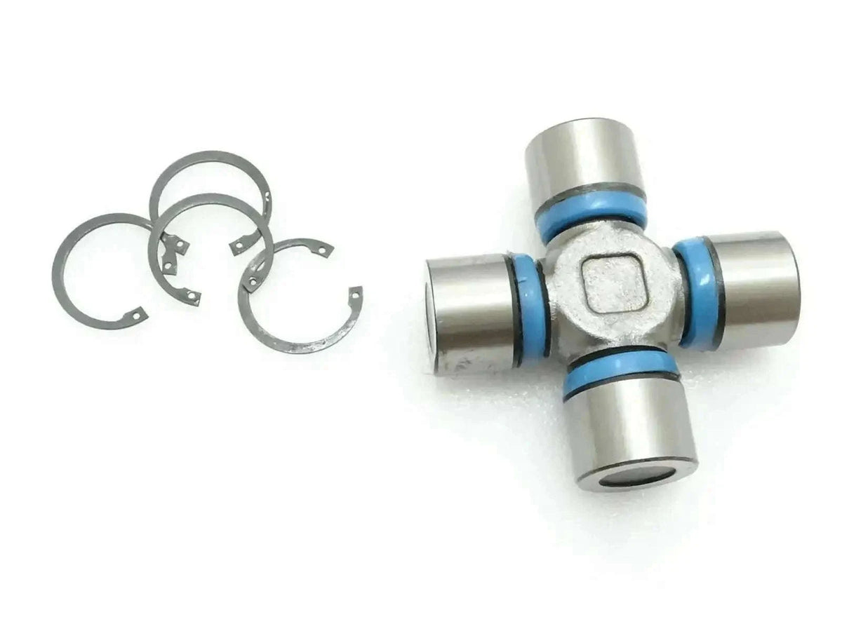 Universal joint kit with metal cross and blue retaining rings, includes circlips