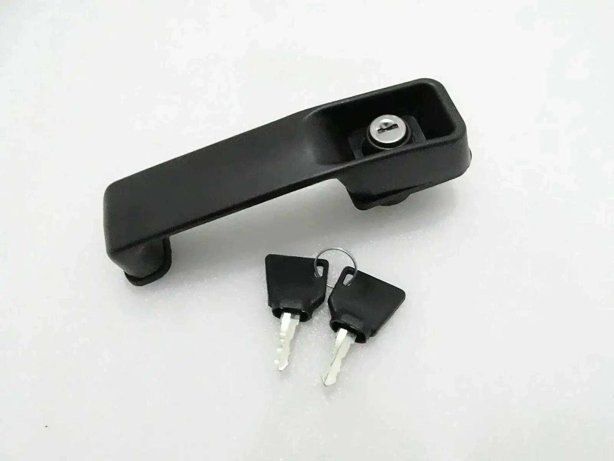 JCB 3DX 3CX door lock handle in black plastic with two accompanying keys for secure locking