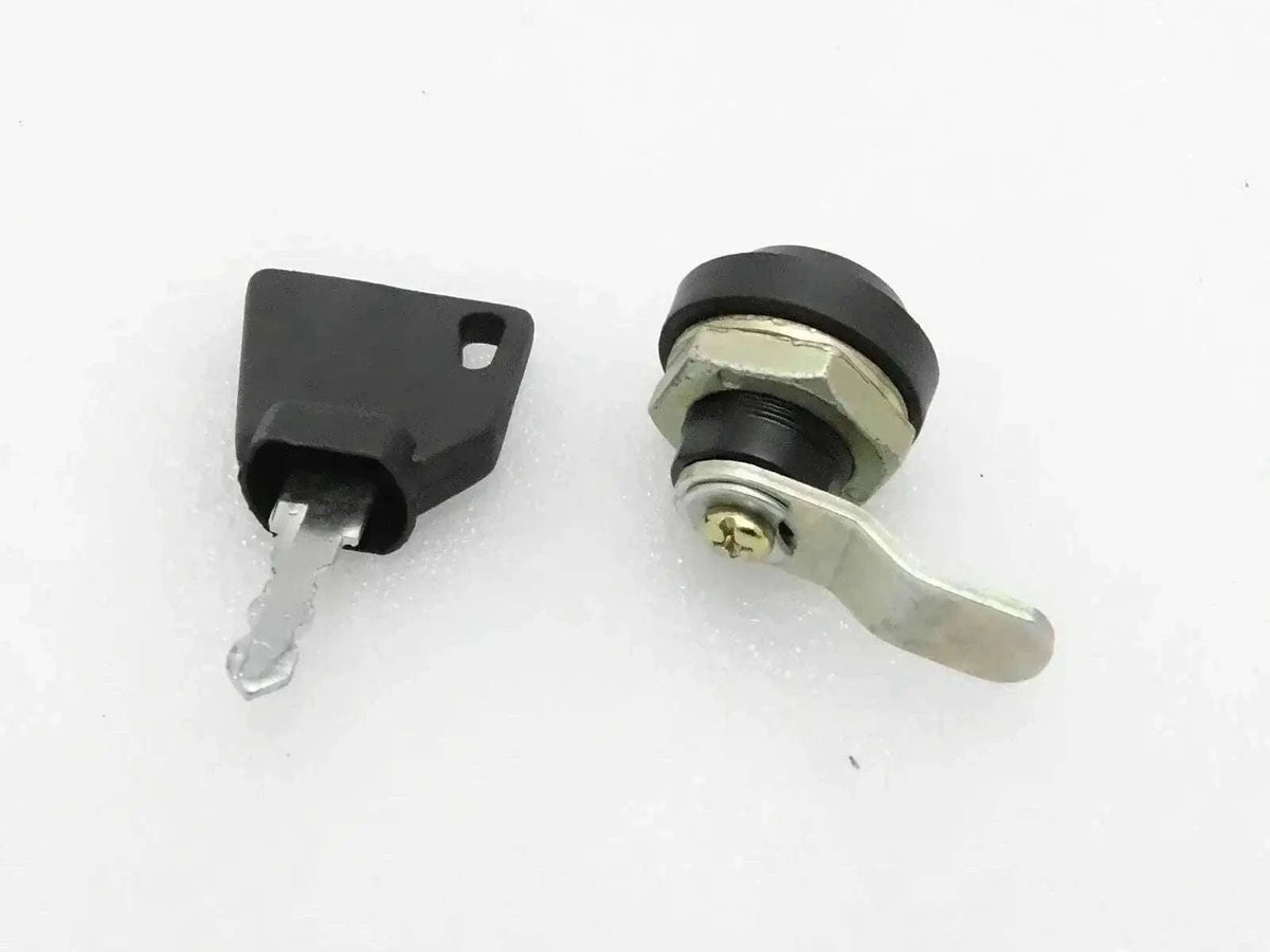 JCB 3DX hood lock with key, made from durable metal with a robust handle for secure use.