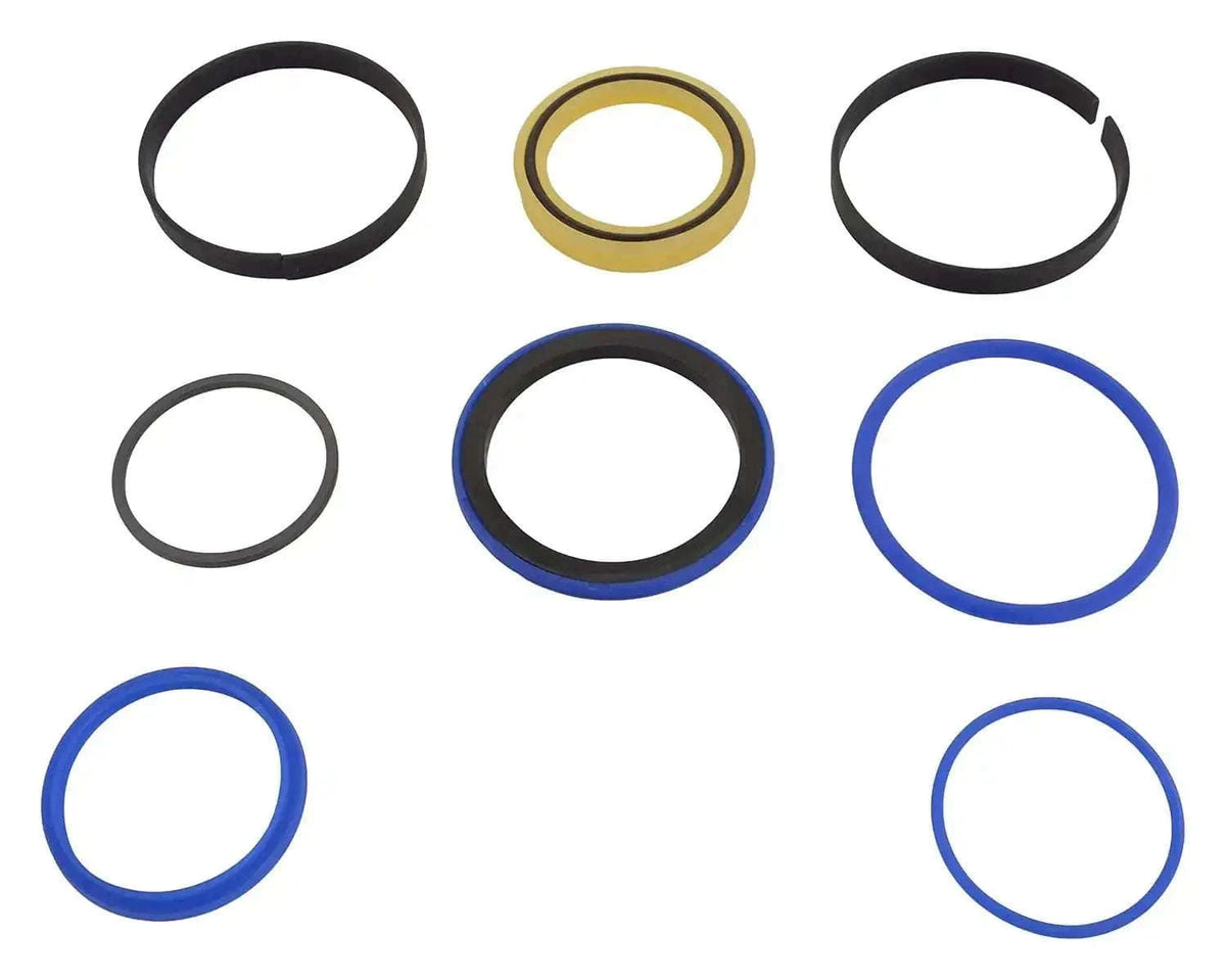 Hydraulic cylinder seal kit with assorted O-rings in black, blue, and gold