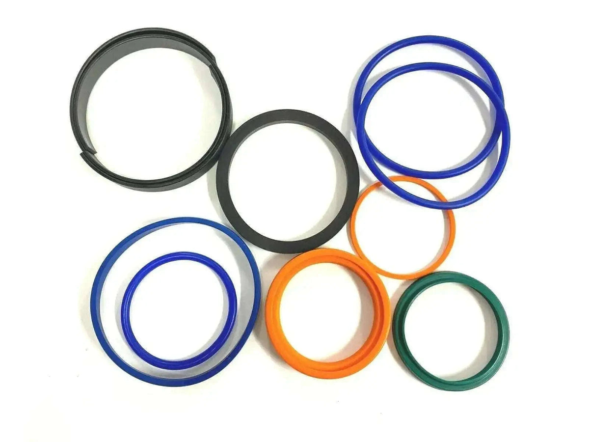 Hydraulic cylinder seal kit with black, blue, orange, and green O-ring seals