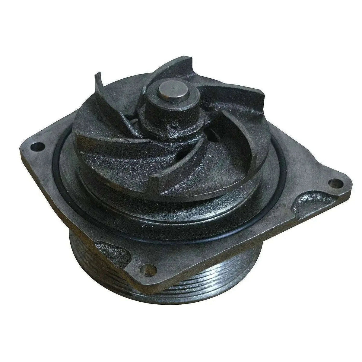 Water pump assembly with circular impeller, mounting flange and bolt holes, dark metal