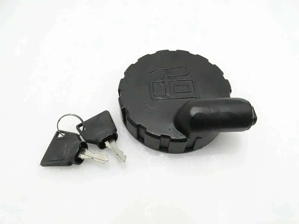 Fuel tank lock cover cap with 2 keys, black circular cap and keyring